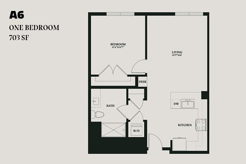 Floor plan for 1 bed, 1 bath, 703 sqft